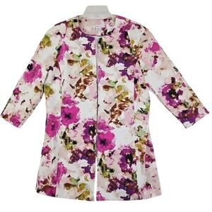 Liz Claiborne ~Woman Size L~ Burgundy/Pink Floral Lond Open Front Blazer Lined.